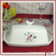 ivory ceramic butter dish with bird lid